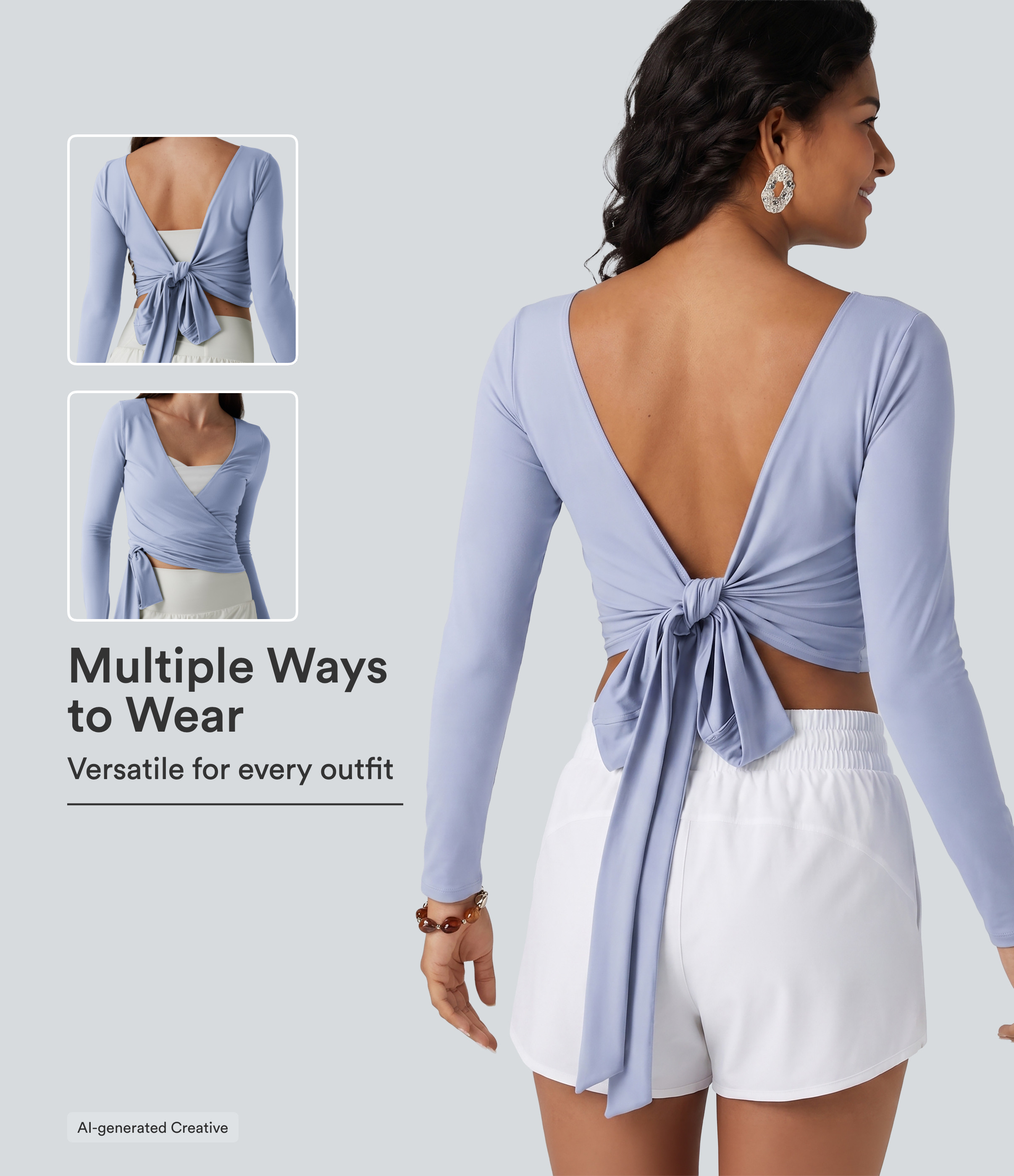 SoftlyZero™ Long Sleeve Thumb Holes Crossover Wrap Tie Casual Top-UPF50+ | HALARA