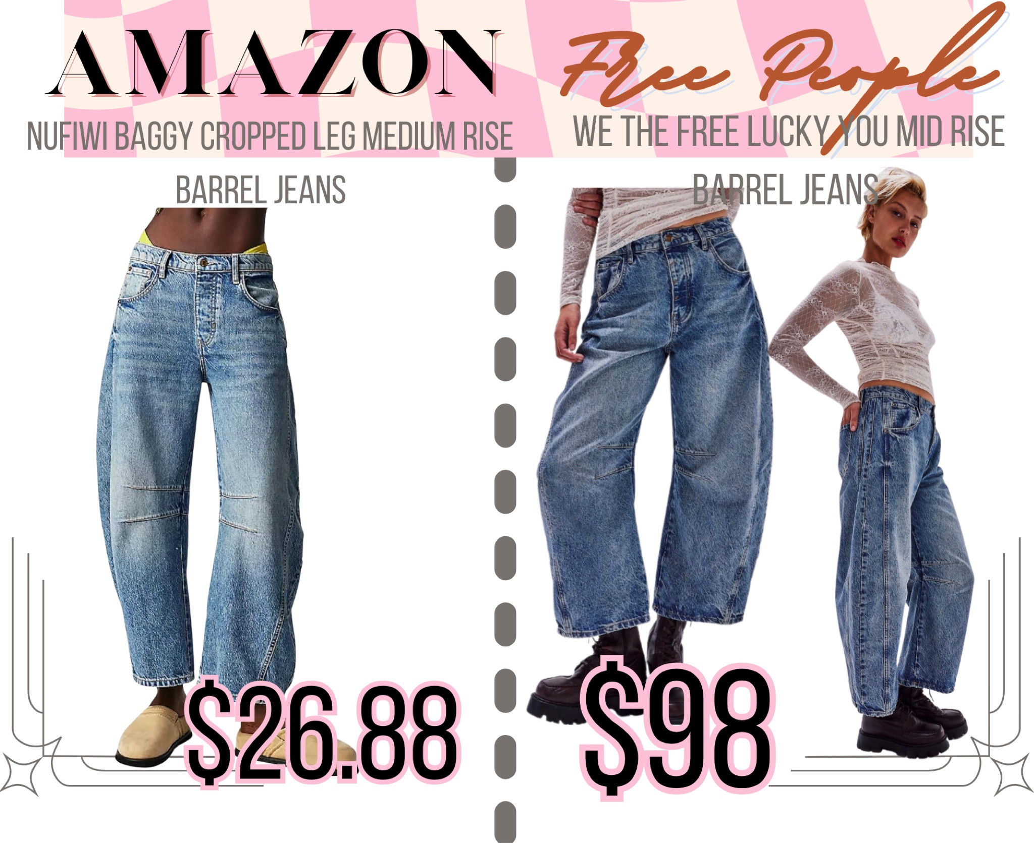 BARREL JEANS DUPE!

Okay, full transparency, I came across the Amazon version first bc I had my eye on Free People’s Moxie Pull-on Barrel (I’ll tag for reference). When I saw the Amazon barrels, it was a quick add to cart (AT UNDER $30).

Did a try-on on TT and was quite pleased actually. The details are great, the fit worked. Downfall being the sizes are limited: S M L. I purchased a large and honesty there isn’t much stretch. Feels very Mean Girls but alas, here I am recommending them.

Anyways, after the try on, I just happened to check FP and realized they’re VERY similar to the ones shown! SO BAM.

#LTKxPrime #LTKfindsunder50
