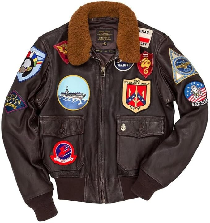 Cockpit Pilot RAF Aviator WWII G1 Navy Brown Bomber Real Leather Jacket with Embroidered Patches ... | Amazon (US)