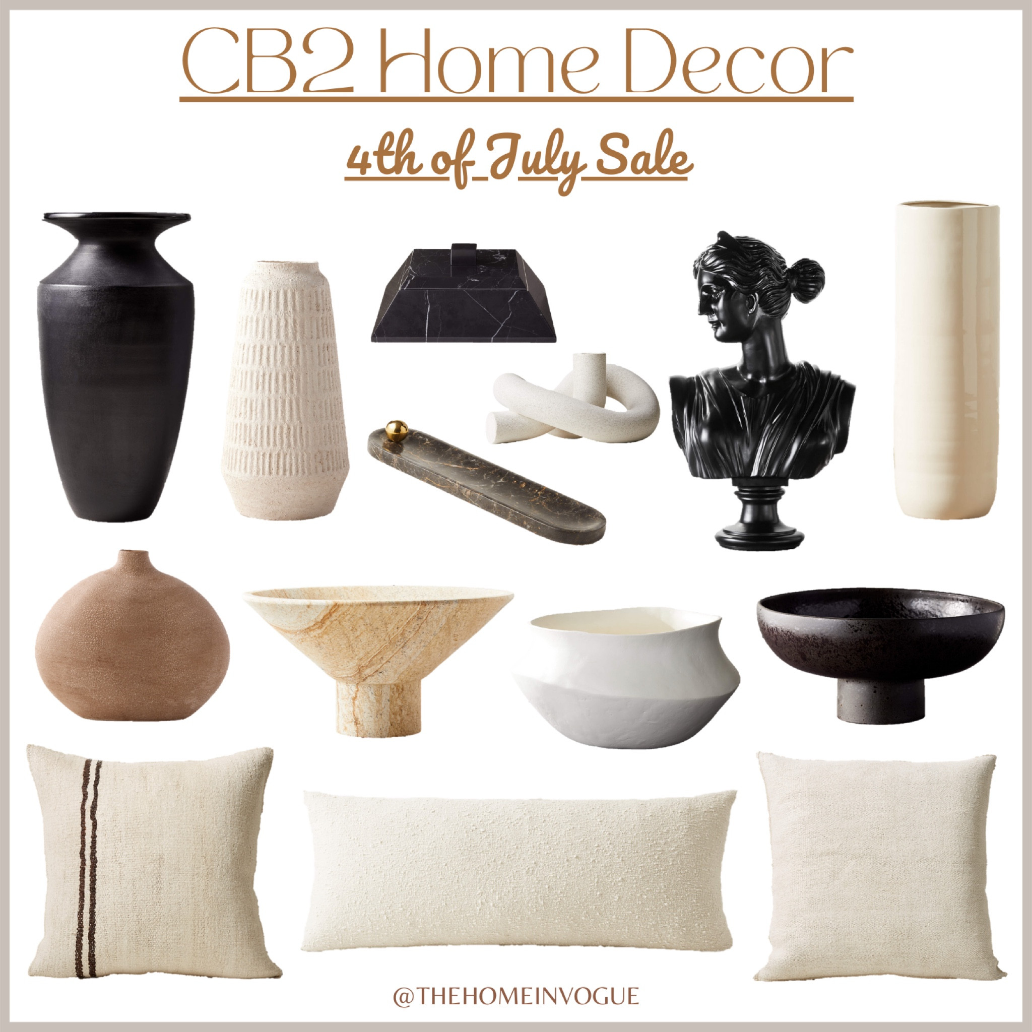 CB2 4th of July sale, up to 50% off
Tall vase, terracotta vase, black vase, travertine bowl, decorative bowl, marble bowl, black bowl, textured vase, marble incense holder, cement knot candle holder, black bust sculpture, marble chain links, ceramic vase, round vase, hemp throw pillow, boucle throw pillow, oversized lumbar pillow, neutral throw pillows 

#LTKhome #LTKFind #LTKsalealert