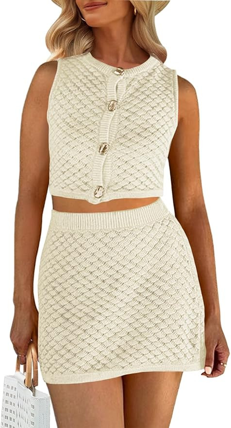 Fisoew Womens Crochet Swimsuit Cover Ups 2 Piece Sleeveless Button Down Crop Tops Mini Skirt Sets... | Amazon (US)