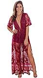 DSDAI Women Sexy Short Sleeve Long Dress Deep V-Neck Lace Romper Wine Red XL | Amazon (US)