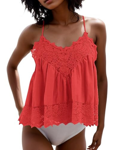 MISSACTIVER Women's Lace Trim Spaghetti Strap Cami Top Scalloped Hem Sleeveless Backless V Neck Racerback Flowy Tank Camisole Red | Amazon (US)