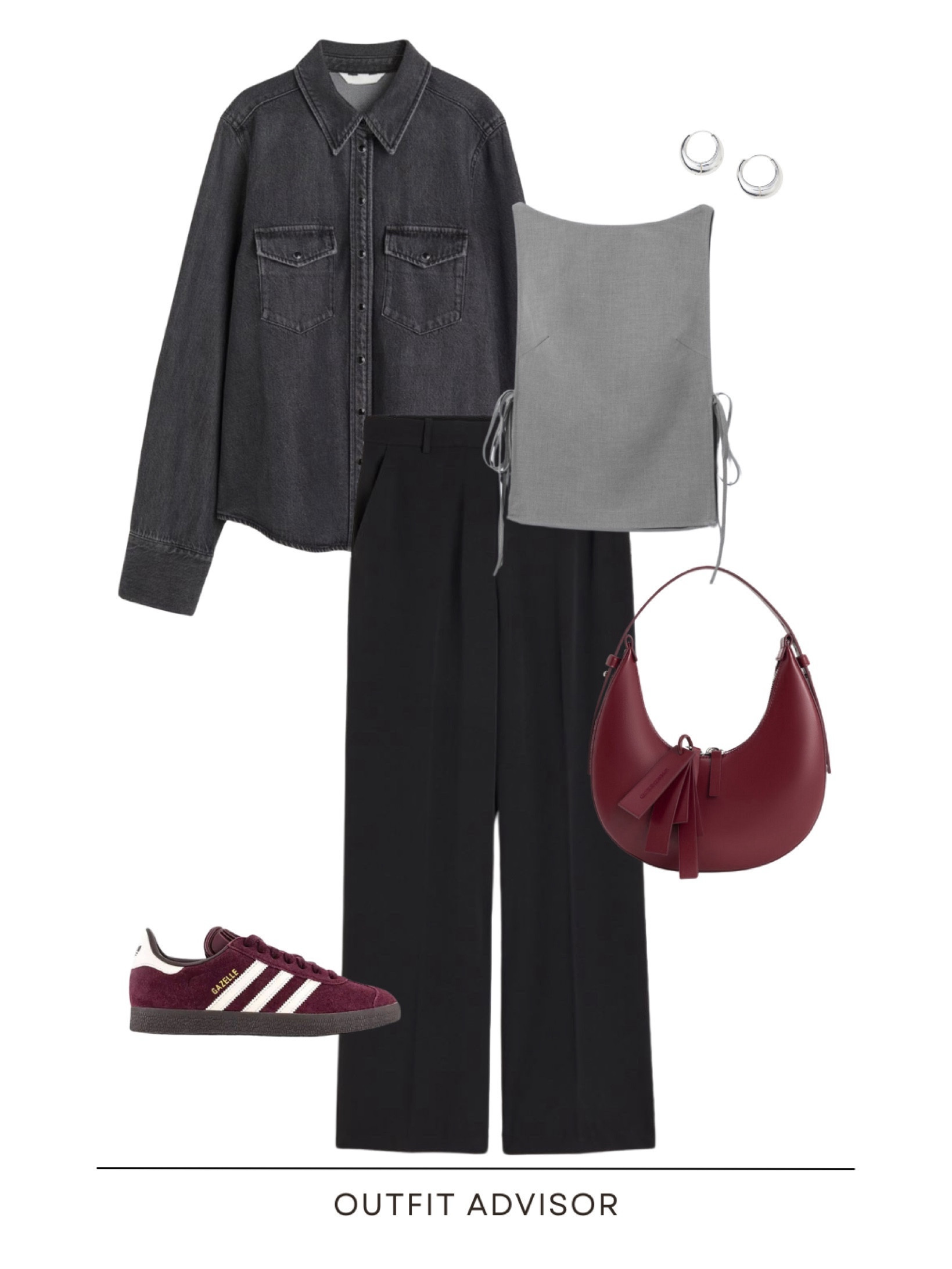 Chic spring outfit inspo: a grey denim shirt, grey top, burgundy Charles & Keith bag, gazelle adidas sneakers, black tailored pants and silver earrings 

#LTKfindsunder100 #LTKitbag #LTKstyletip
