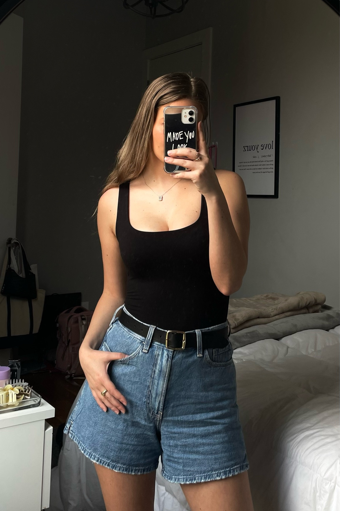 casual outfit #jeanshorts #momshorts #blacktanktop #tanktop #belt #blackbelt #ootd #outfitinspo #outfits 

#LTKstyletip #LTKfindsunder50 #LTKfindsunder100