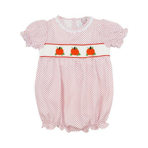 Orange Dot Pique Smocked Pumpkin Girls Bubble | Cecil and Lou