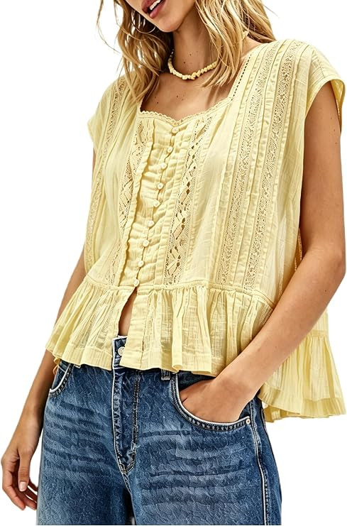 Women’s Tie Front Ruffle Boho Tops Flowy Sheer Short Sleeve Lace Blouse Y2k Embroidered Babydol... | Amazon (US)
