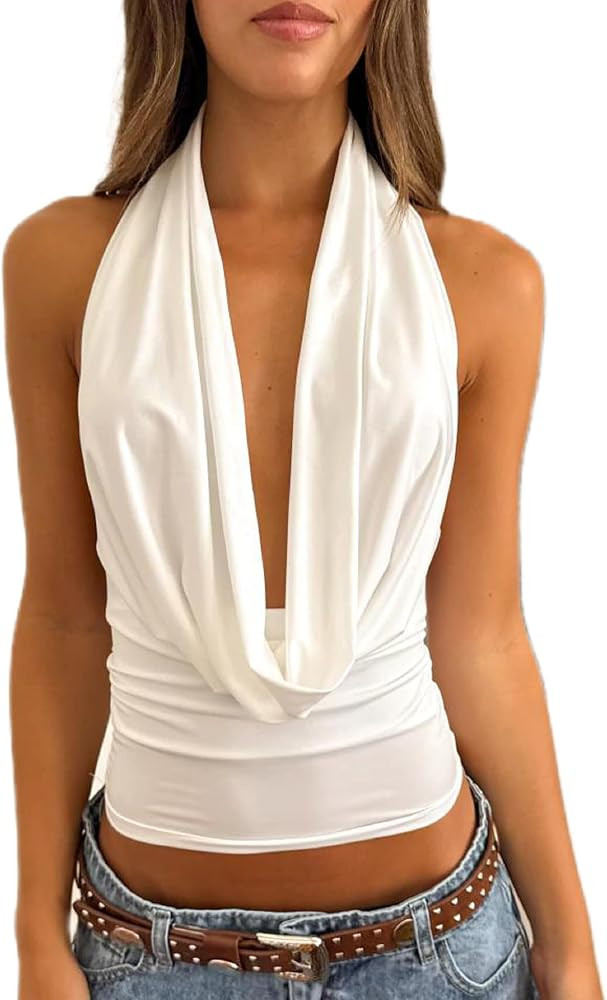 Women Sexy Cowl Neck Halter Top Y2k Backless Flowy Summer Going Out Tops | Amazon (US)