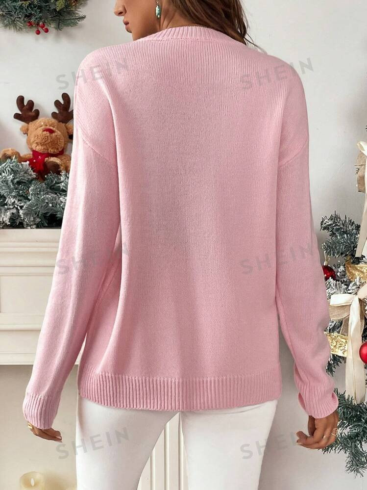 SHEIN Relaxiva Women's Pink Round Neck Christmas Tree & Star Print Warm Sweater | SHEIN
