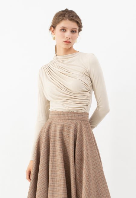 Ruched Long Sleeves Top in Cream for Office Days & Weekend Outings | Chicwish