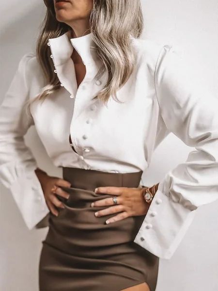 Elegant Stand Collar Long sleeve Solid Shirt | StyleWe (US)