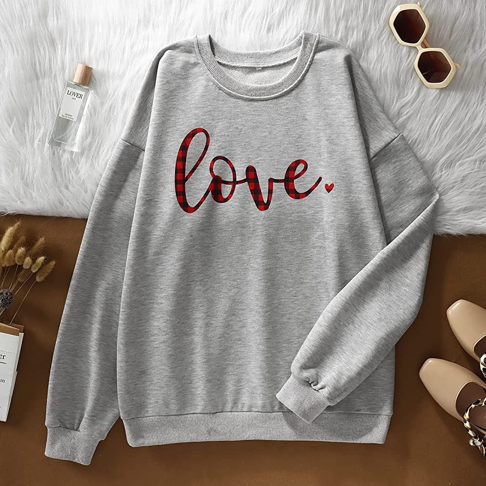 Women Valentines Day Sweatshirt Love Heart Print Graphic Shirts Long Sleeve Casual Oversize Pullover | Amazon (US)
