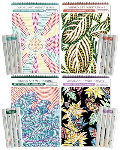 Lifelines FlowArt Activity Pads, 4-Pack - Guided Art Meditations with 4 Sets of Markers & 80 Scenes - Color by Number/Letter, Dot Art and More Coloring Books for Tweens, Adults & Seniors | Amazon (US)