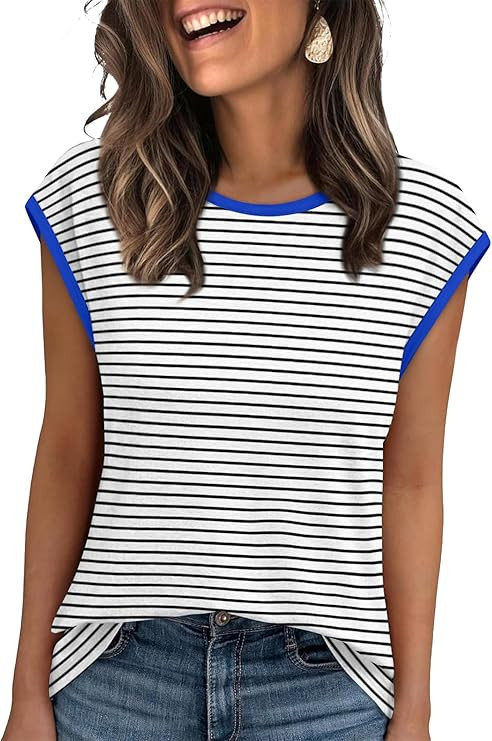 XIEERDUO Womens Tops Dressy Casual Summer Striped Shirts Cap Sleeve Tops Color Block Loose Fit | Amazon (US)