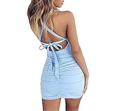 Feeke Women's Sexy Jumpsuit Hollow Out Spaghetti Backless Sleeveless Cutout Club Ruched Bodycon Mini | Amazon (US)