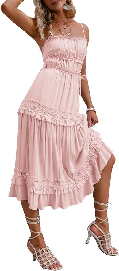 Amegoya Women's Summer Boho Spaghetti Strap Casual Long Dress Flowy Beach Swing Party Maxi Dress | Amazon (US)