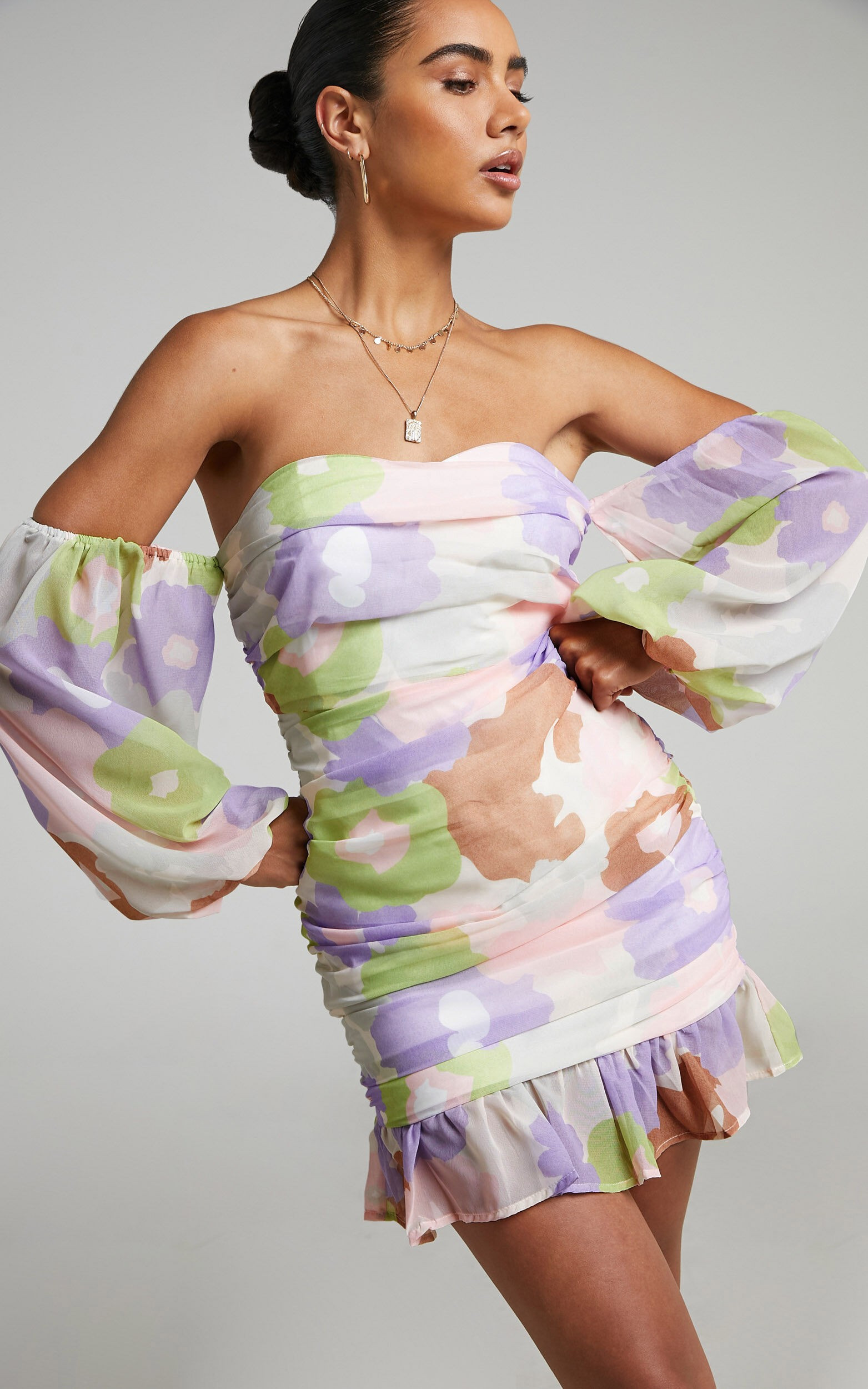 Koko Off Shoulder Mini Dress in Lumiere Floral | Showpo | Showpo - deactived