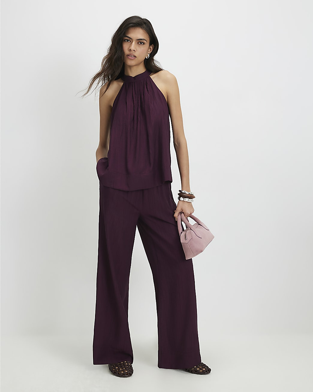 Purple Textured Wide Leg Trousers | River Island UK & IE