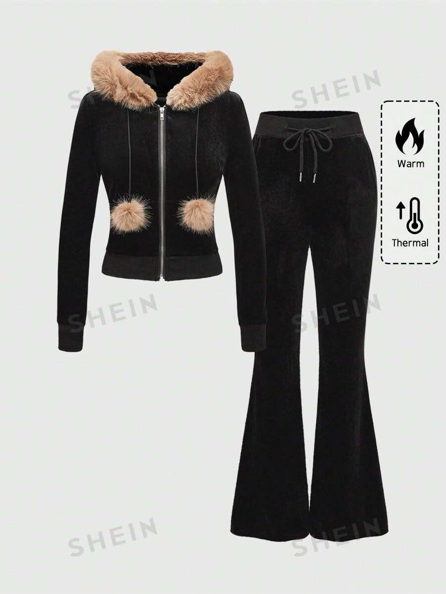 ROMWE 2pcs Women's Velvet Patchwork Faux Fur Hooded Zip-Up Top And Drawstring Flare Leg Pants Set | SHEIN