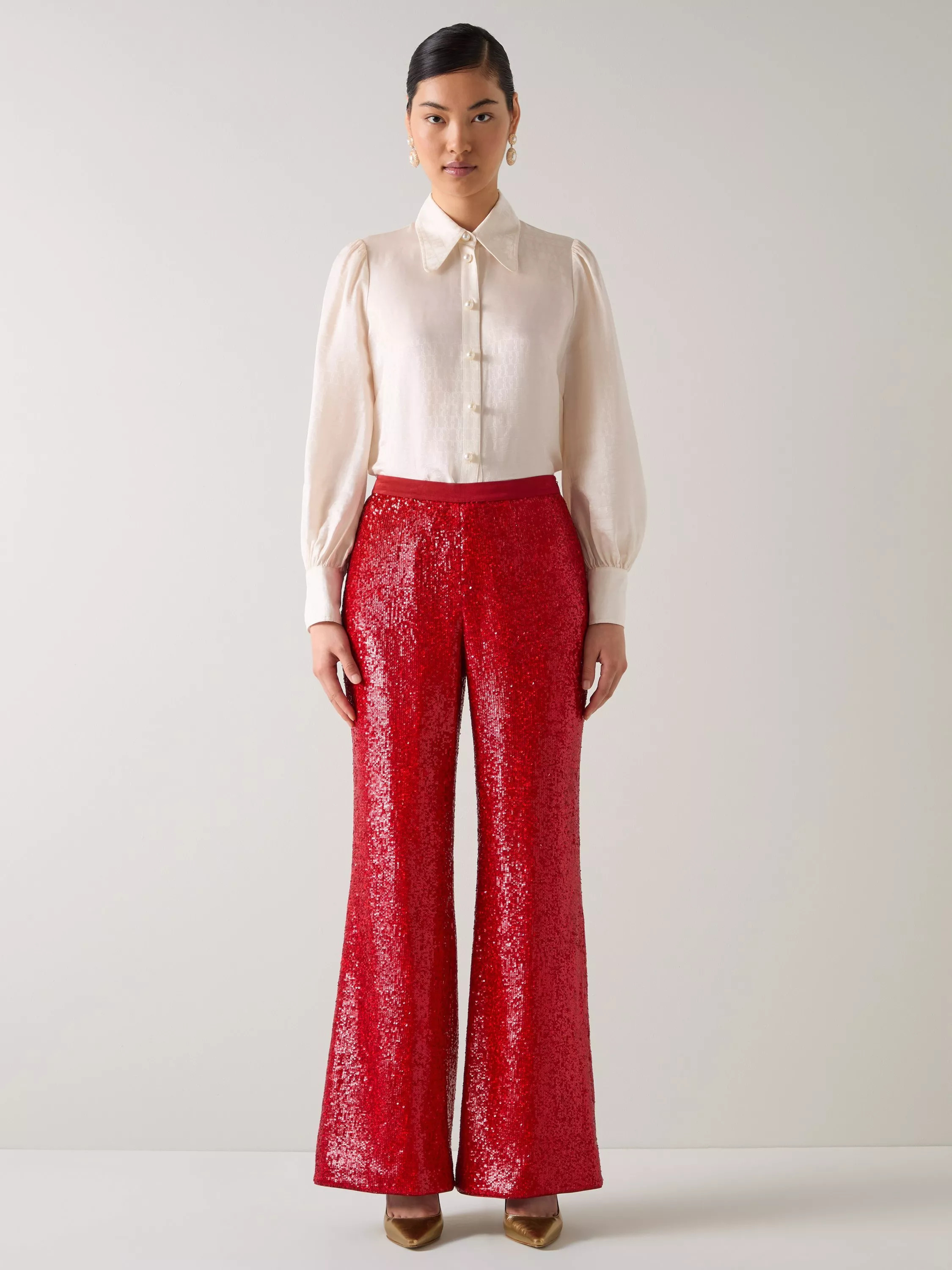 L.K.Bennett Shimmer Sequin Wide Leg Trousers, Red Salsa | John Lewis (UK)