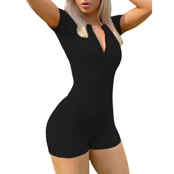 Huakaishijie Women Short Sleeve V Neck Bodycon Jumpsuit Half Zip Romper Playsuit Onesies | Walmart (US)