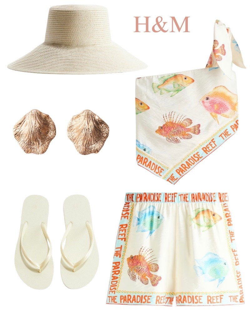 H&M new arrivals, shorts, top, coastal, hat, flip flops, seashell earrings, summer outfit idea.

#LTKootd