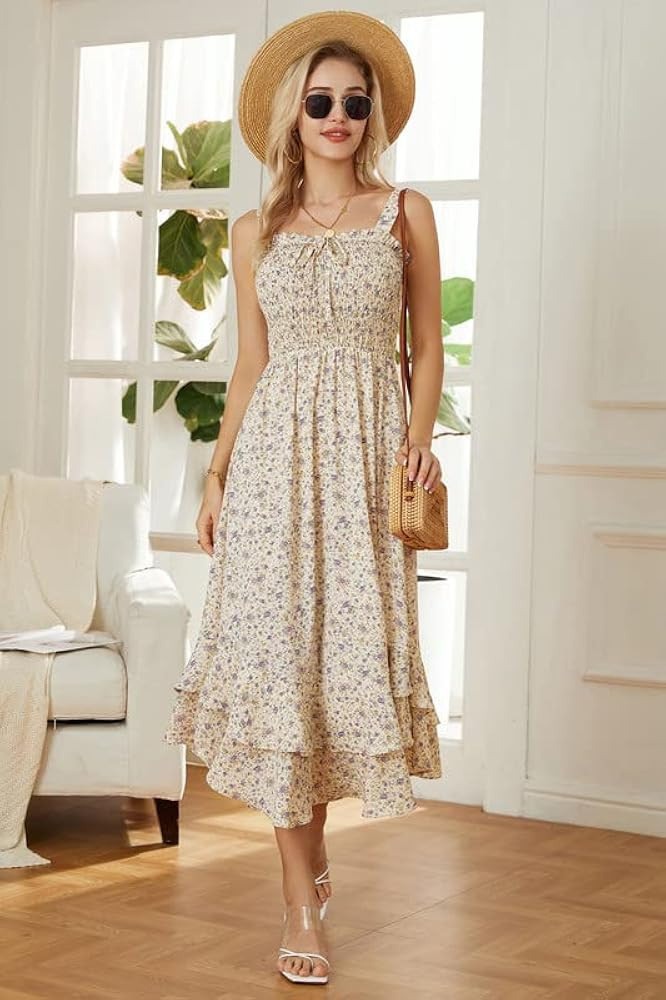 GRACE KARIN Women's 2024 Summer Floral Dress Tan Floral Dress White Floral Dress Floral Midi Dress | Amazon (US)