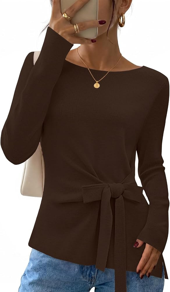 MEROKEETY Womens Fall Tie Front Ruched Long Sleeve Sweaters | Amazon (US)