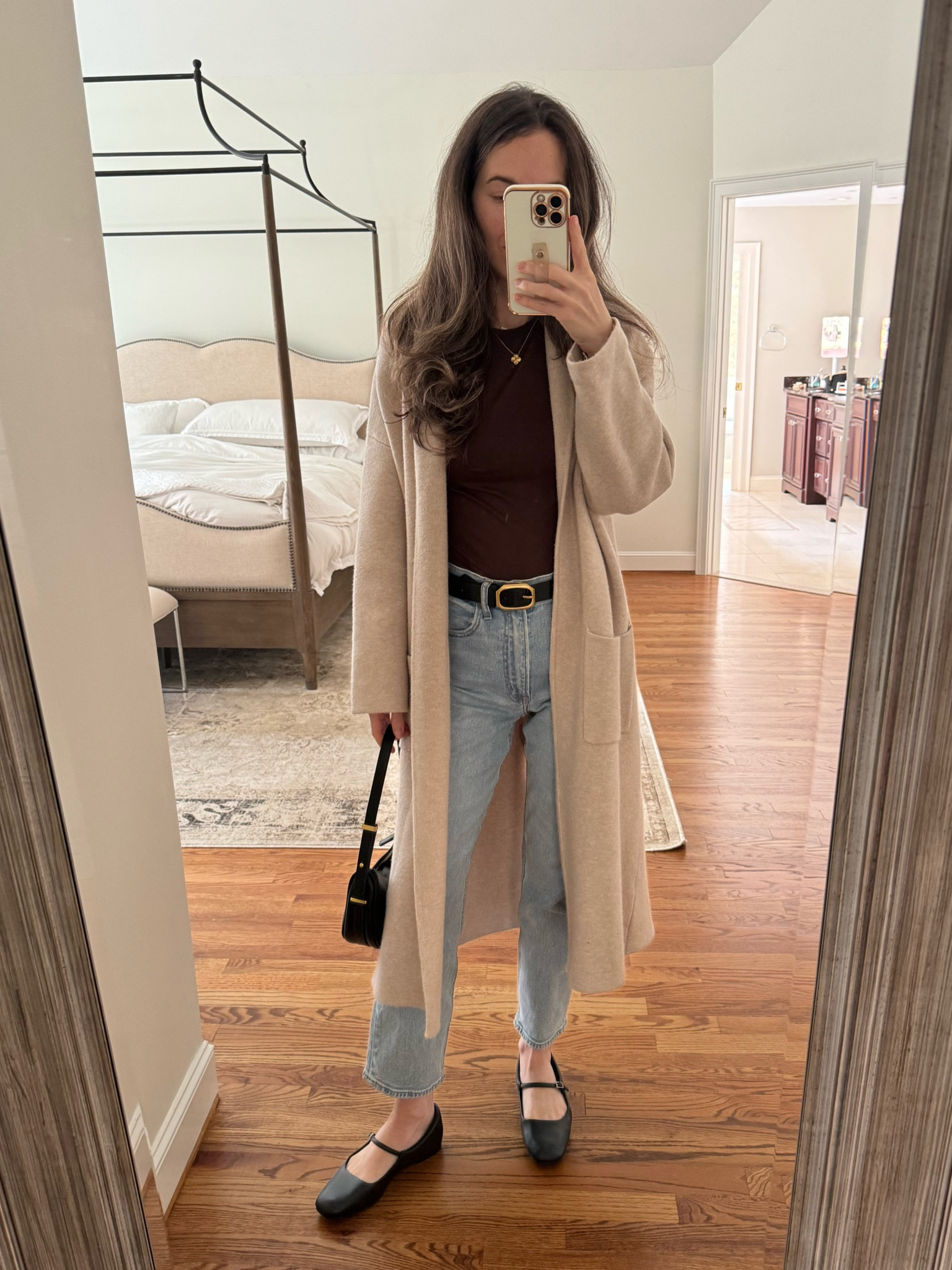 Easy coatigan outfit and fall uniform. Coatigan runs true to size, wearing S. Ankle straight jeans run true, wearing 25 R (height is 5’5). 

Ballet flats, mom outfit, millennial outfit  