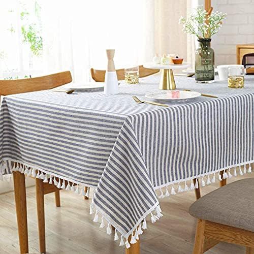 meioro Table Cloth Blue White Striped Tablecloth Tassels Cotton Linen Dust-Proof Table Cover for ... | Amazon (US)