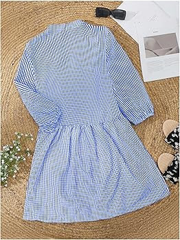 MakeMeChic Women's Gingham Plaid Dress Lantern Sleeve Ruffle Shift Dress Button Down Swing Tunic ... | Amazon (US)