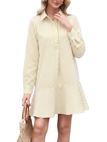 EZAPINE Womens Striped Shirt Mini Dress Long Sleeve Collared Ruffle Hem Button Up Tunic Flowy Swi... | Amazon (US)