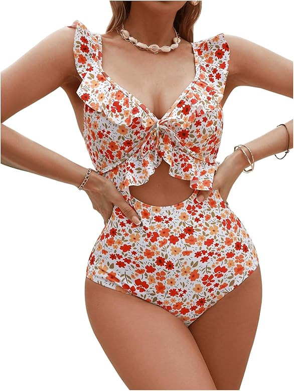 SweatyRocks Women's Ruffle One Piece Swimsuit Floral Print Cut Out Monokini Bathing Suit Swimwear | Amazon (US)