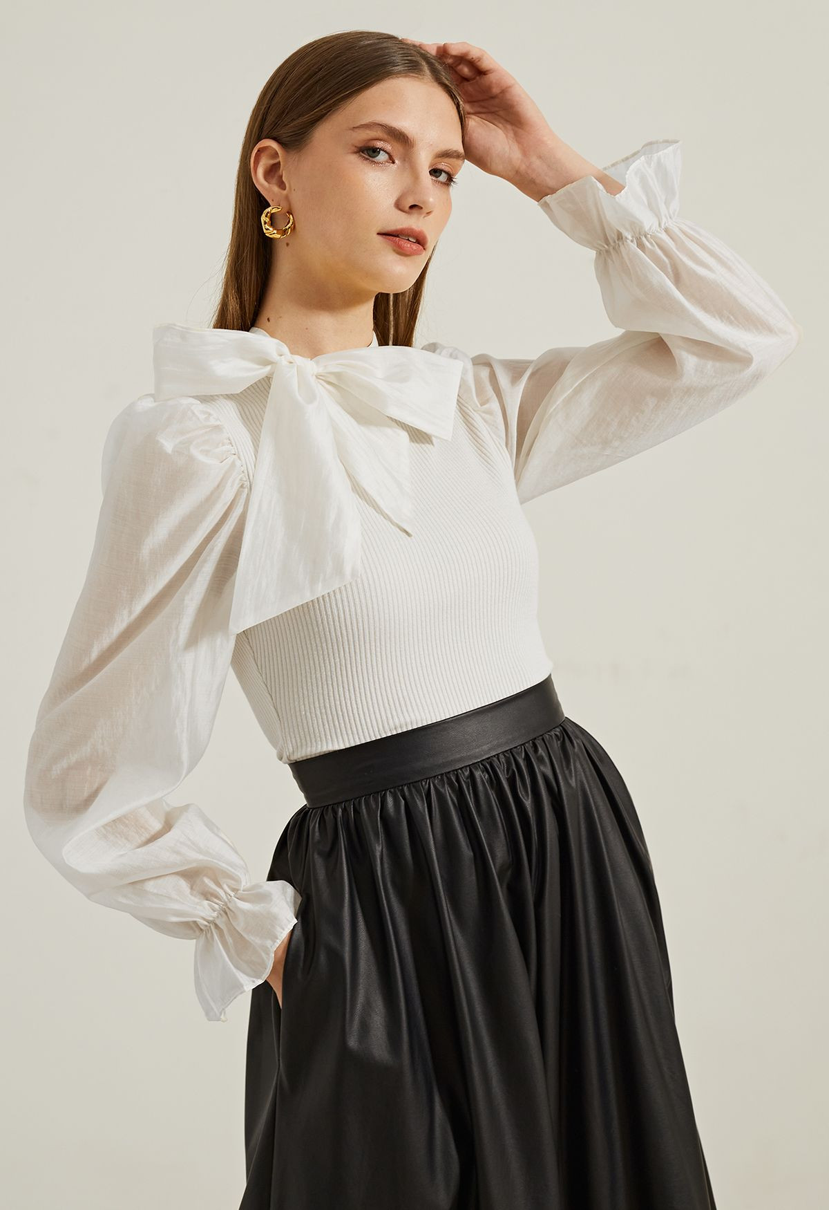 Detachable Bowknot Spliced Knit Top in Cream | Chicwish