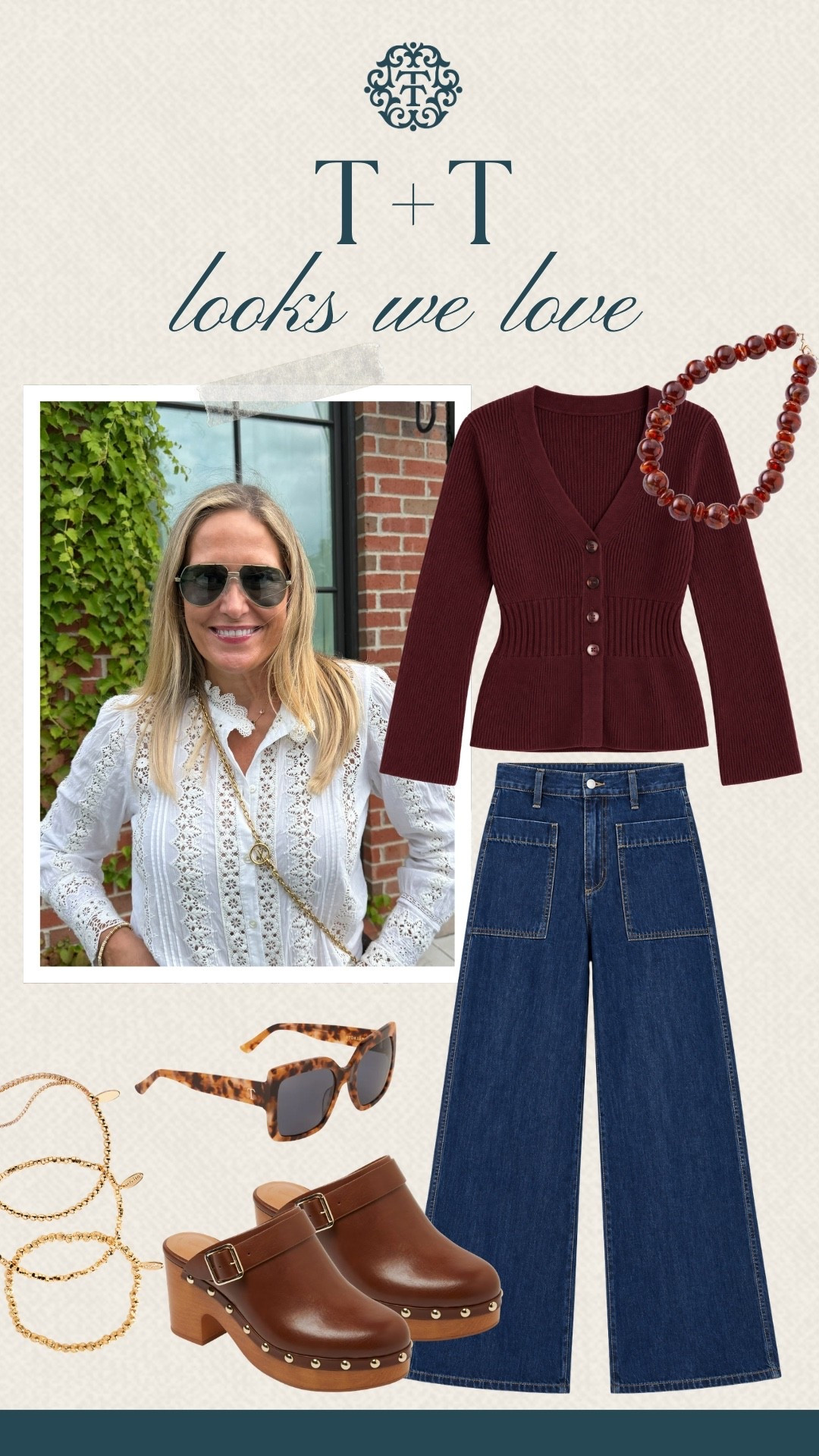 T+T looks we love! This burgundy Target cardigan and wide-leg denim make the perfect pairing for a fall outfit. I’d finish the look with brown clogs, tortoiseshell sunglasses, and a few gold accessories.