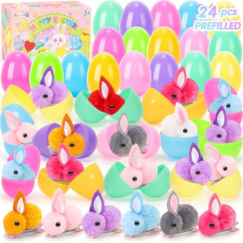 SevenQ Easter Eggs Fillers with Bunny Hair Clips Colorful 24 Pack, Easter Basket Stuffers Party Favors Gift Bags for Kids Cute Stuff Plush Fidget Toys Classroom Treasure Box Egg Hunt Games Supplies | Amazon (US)