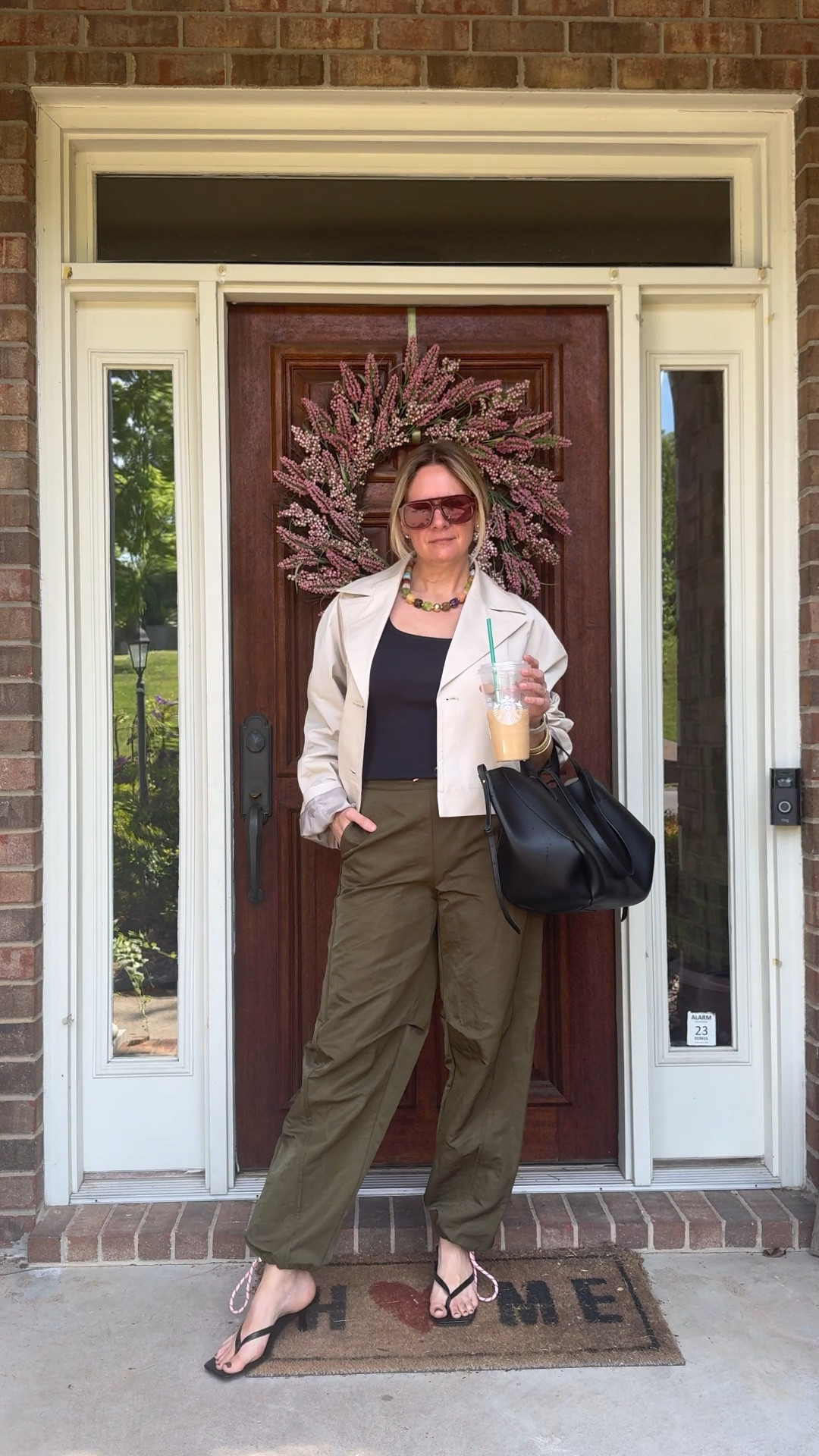 OOTD heading out for a day of client appointments ✨ Cropped trench + black tank + olive balloon pants + thong kitten heel sandals + chunky necklace. Most of these pieces are still shoppable — linked everything below! 👇

#LTKOver40 #LTKdayinmylife #LTKootd