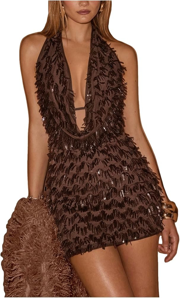 MakeMeChic Women's Sequin Sparkly Halter Dress Low Cut Open Back Draped Fringe Party Dresses | Amazon (US)