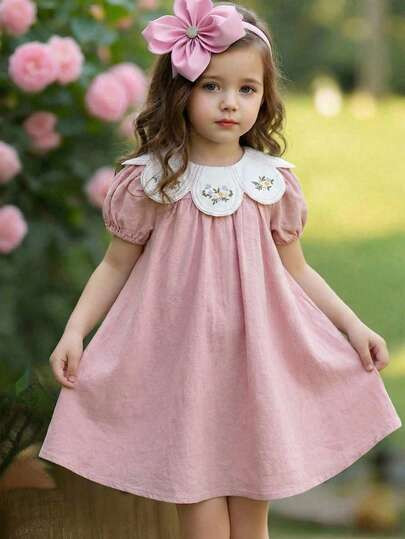 Emery Rose Kids Young Girl Young Girl Pastoral Floral Embroidered Floral Pattern Ruffle Collar Pu... | SHEIN