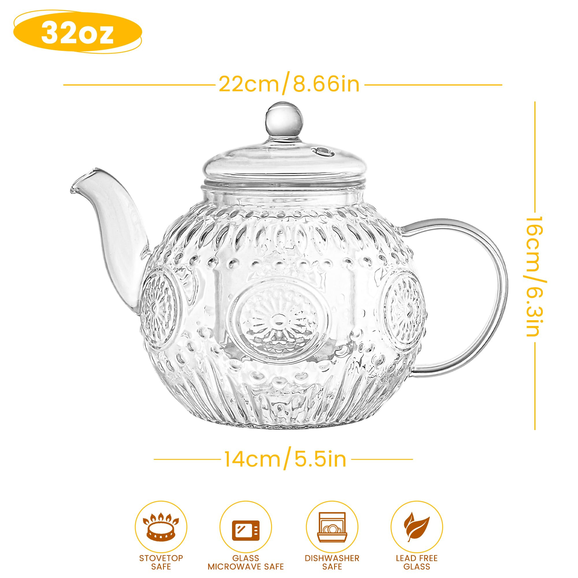 Bandesun Vintage Glass Teapot, Tea Kettle with Removable Infuser 32OZ/1000ml, Borosilicate Glass ... | Amazon (US)