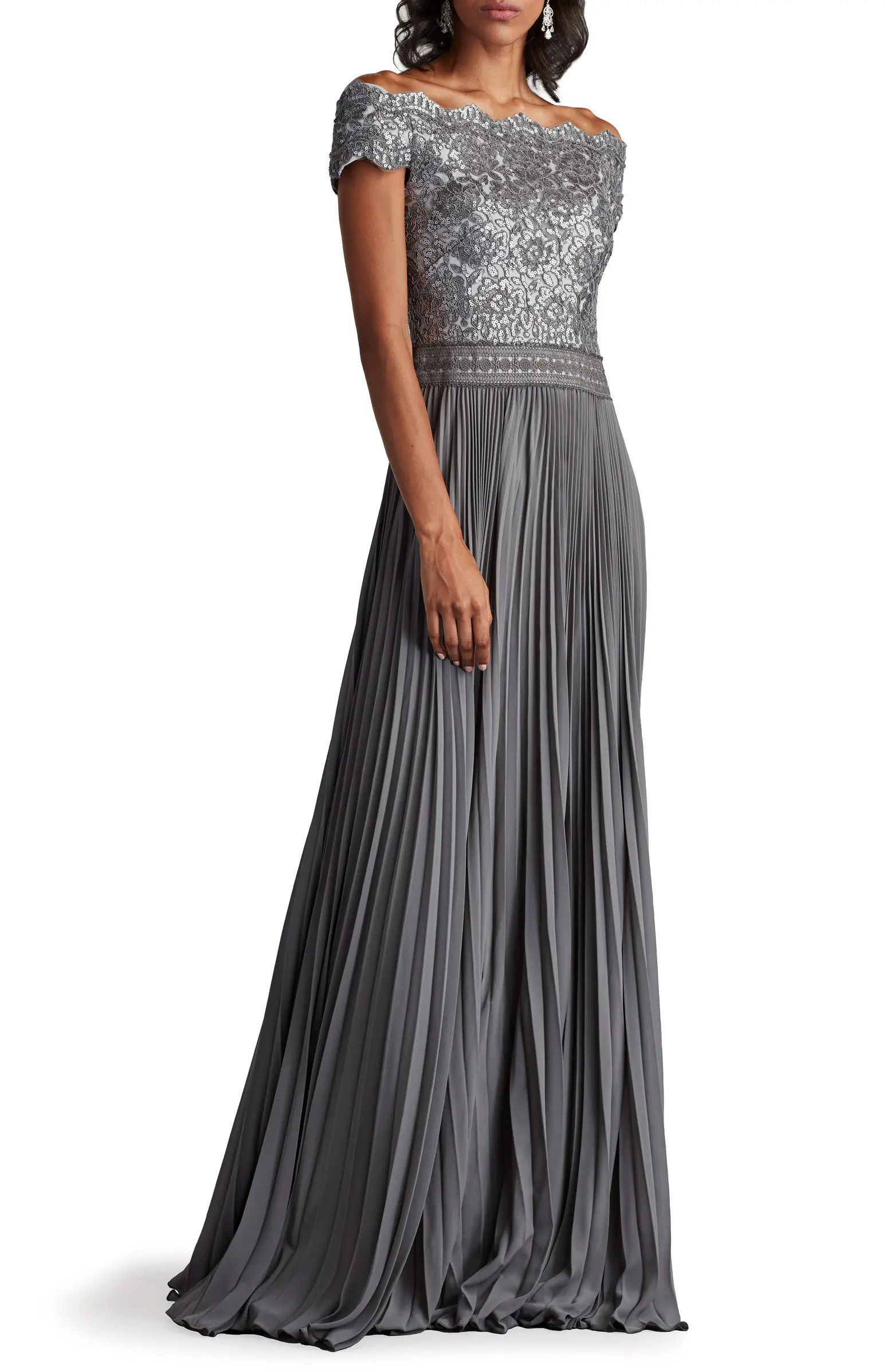 Off the Shoulder Sequin Lace Pleated Gown | Nordstrom
