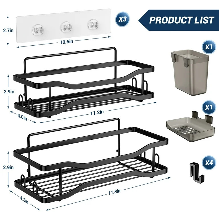 TINANA Bathroom Shower Caddy , 2 Pack Stainless Steel Adhesive Shelves with Hooks, Toothpaste & S... | Walmart (US)