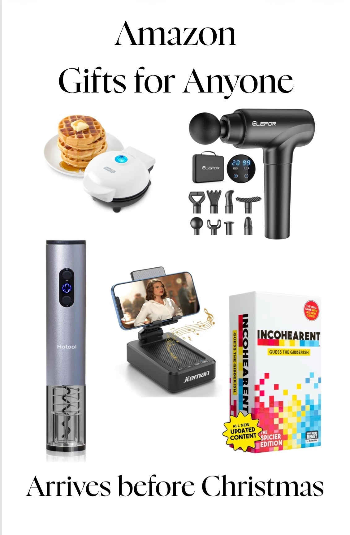 Shop today to get in time for. Christmas. Great gift ideas for anyone left on your list. Electric wine opener, mini waffle maker, massage gun, party game, phone holder with speakerr

#LTKHoliday #LTKdayinmylife #LTKGiftGuide