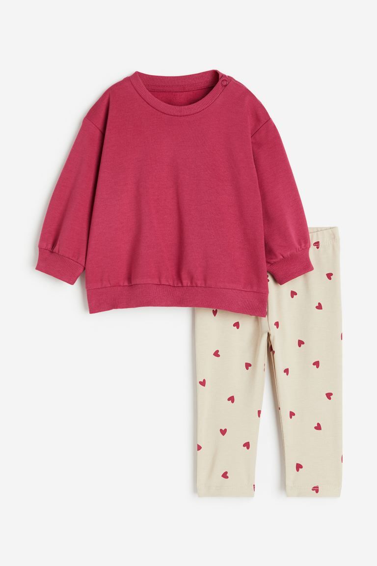 2-piece Sweatshirt and Leggings Set - Dark pink/hearts - Kids | H&M US | H&M (US + CA)