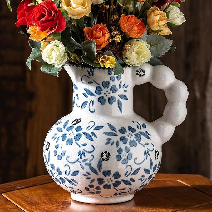 Blue and White Vintage Ceramic Vase, Antique Chinoiserie Floral Vase, Retro Ice Cracked Large Vas... | Amazon (US)
