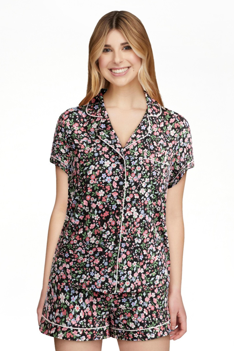 Joyspun Women’s Dreamy Soft Collection Short Sleeve Knit Notch Collar Top and Shorts Pajama Set... | Walmart (US)