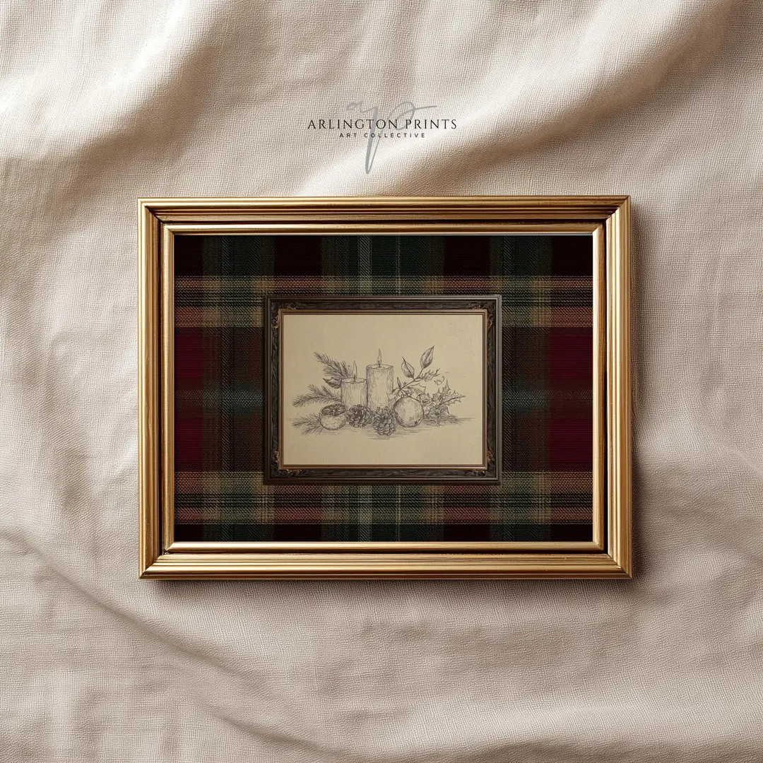 Plaid Christmas Candle Print, Vintage Holiday Wall Art, Rustic Farmhouse Christmas Decor, T148 - ... | Etsy (US)