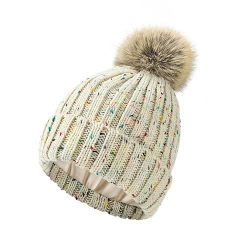 Silk Lined Beanies for Women Thermal Heather Fleck Knit Cute Winter Hat Soft Pompom Beanie Hats for Skiing, Shopping, and Sports Beige Mix | Amazon (US)