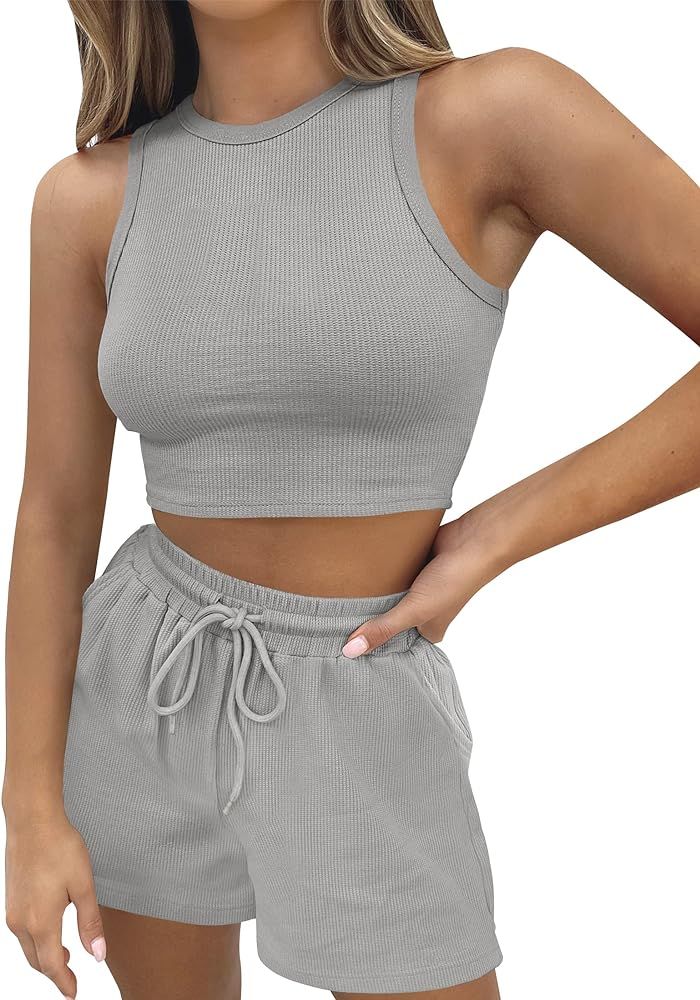 ZESICA Women's Waffle Knit Sleeveless Crop Top and Shorts Pullover Nightwear Lounge Pajama Set wi... | Amazon (US)