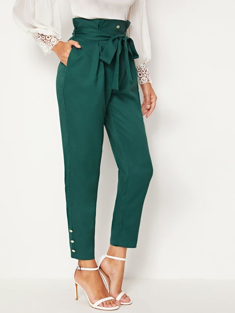 Belted Paperbag Waist Buttoned Hem Peg Pants | SHEIN